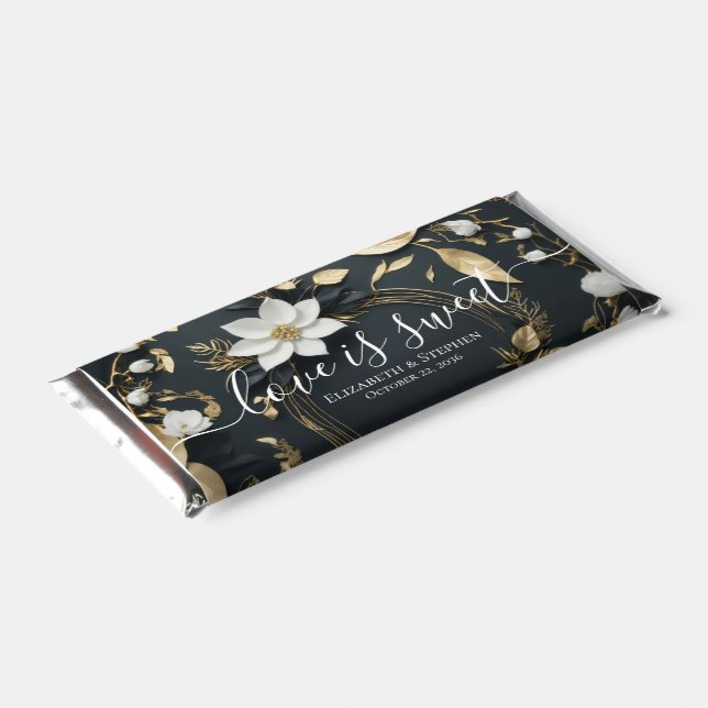 White Gold Floral Wreath Love Is Sweet Wedding Hershey Bar Favors (Angled)