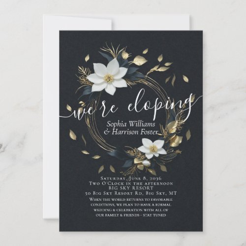 White Gold Floral Wreath Photo Wedding Elopement Invitation