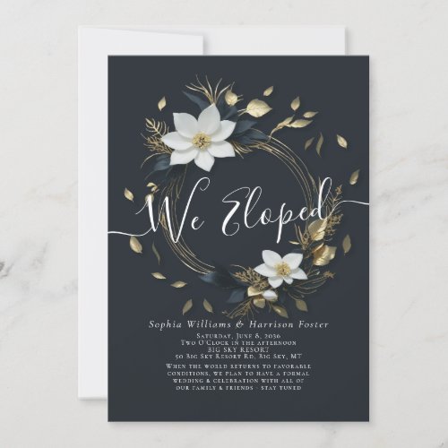 White Gold Floral Wreath Photo Wedding Elopement Invitation