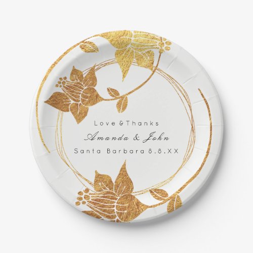 White Gold Floral Wreath Wedding Bridal Anniversar Paper Plates