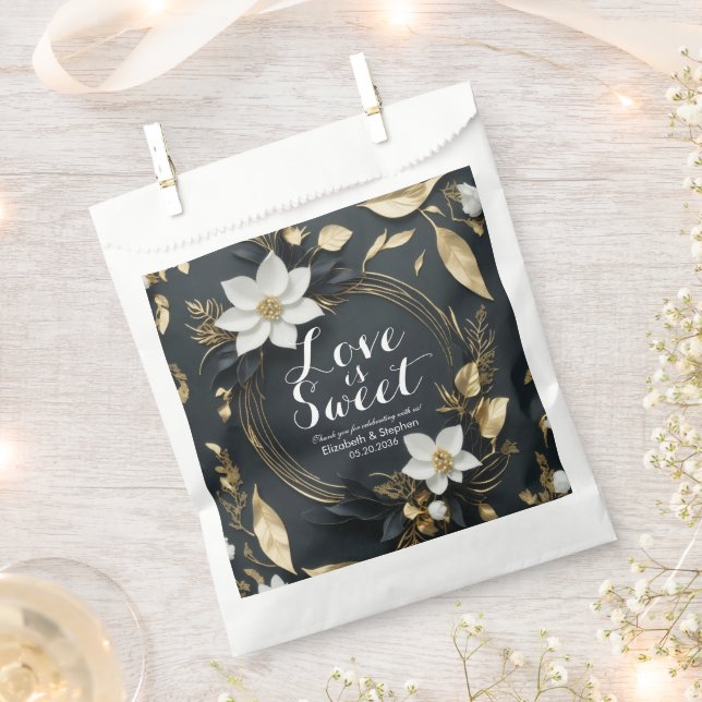 White Gold Floral Wreath Wedding Love Thanks Gifts Favor Bag (Clipped)