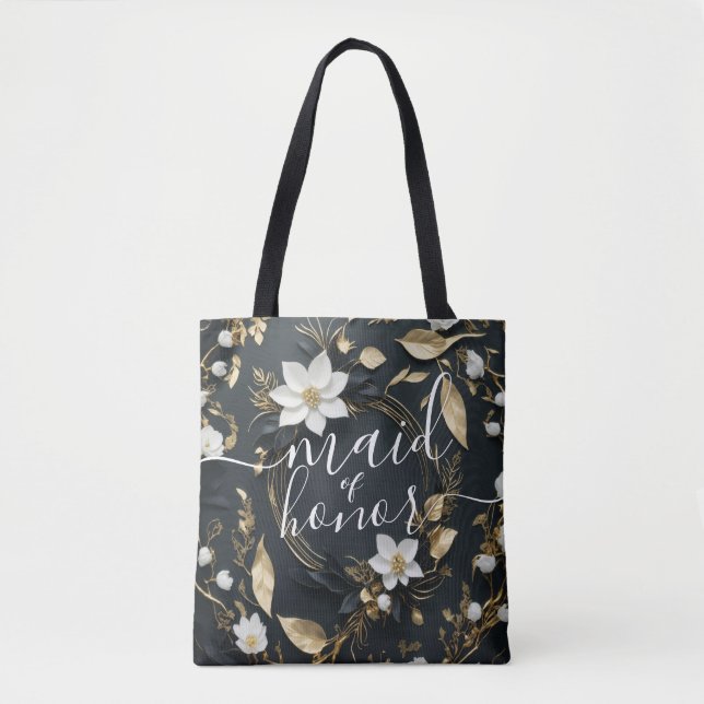 White Gold Floral Wreath Wedding Maid of Honor Tote Bag (Front)