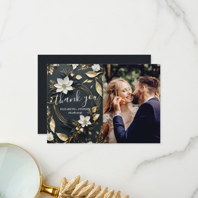 White Gold Floral Wreath Wedding Photo Thank You Card (Front/Back In Situ)