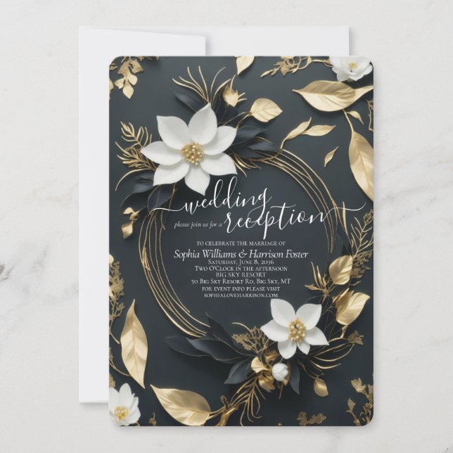 White Gold Floral Wreath Wedding Reception Photo Invitation (Front)