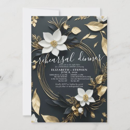 White Gold Floral Wreath Wedding Rehearsal Dinner Invitation