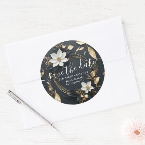 White Gold Floral Wreath Wedding Save The Date Classic Round Sticker