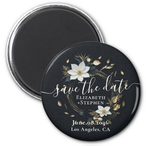 White Gold Floral Wreath Wedding Save The Date Magnet