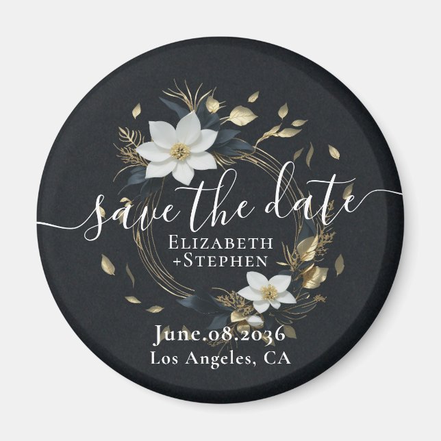 White Gold Floral Wreath Wedding Save The Date Magnet (Front)