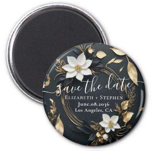 White Gold Floral Wreath Wedding Save The Date Magnet
