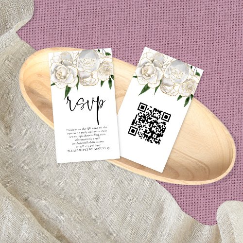 White Gold Florals Script QR Code Wedding RSVP  Enclosure Card