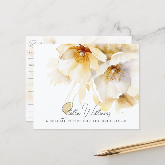 White Gold Flower Bridal Shower Recipe Card (Front/Back In Situ)