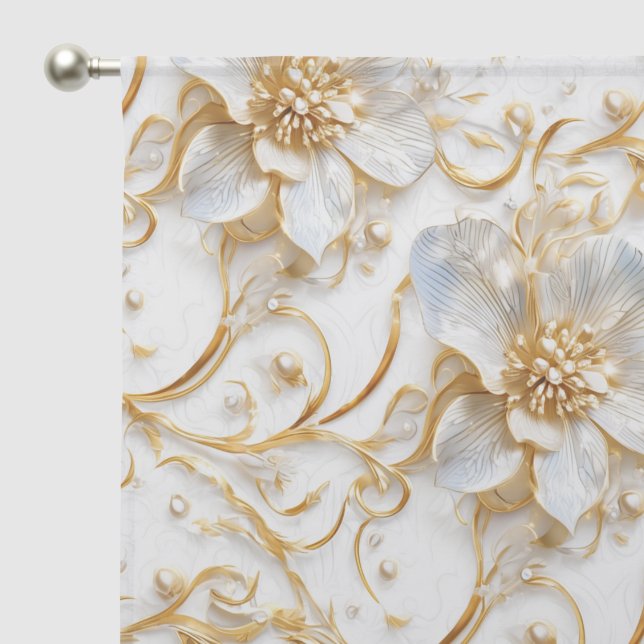 White gold flower seamless pattern floral elegance sheer curtains (Pocket)