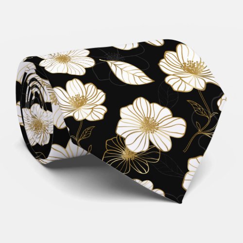 White Gold Flowers Black Neck Tie