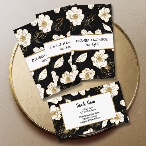 Customizable White Gold Flowers Black Salon Hair Stylist Business Card
