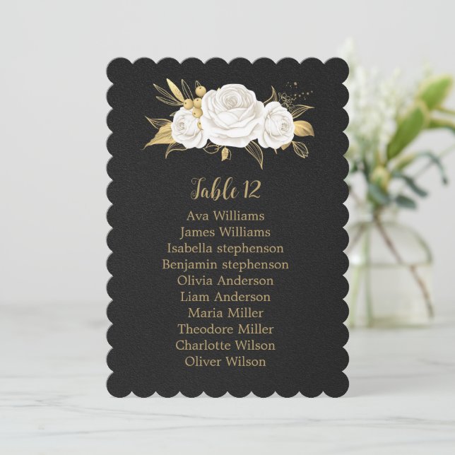 white gold flowers black seating chart card (Standing Front)