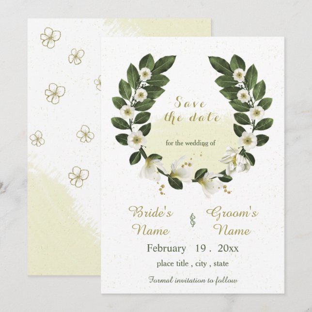 white & gold flowers greenery wreath save the date invitation (Front/Back)