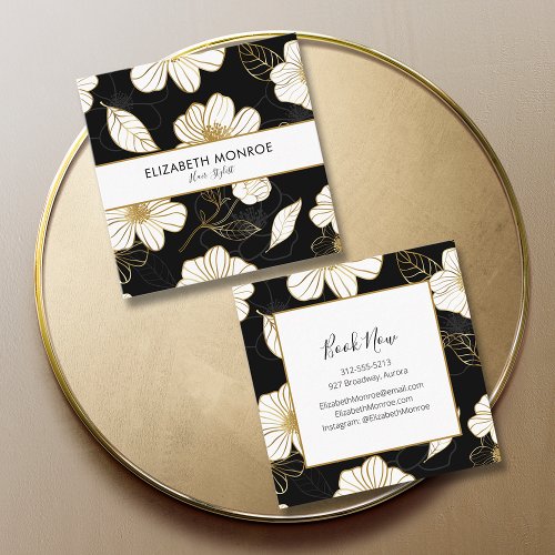 White Gold Flowers on Black Salon Hair Stylist Square Business Card