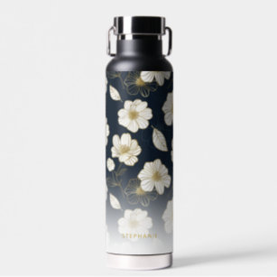 White Gold Flowers, Personalized Name Monogram Water Bottle