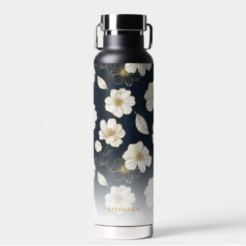White Gold Flowers Personalized Name Monogram Water Bottle