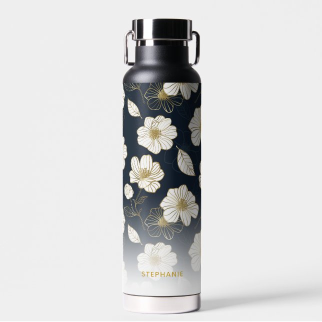 White Gold Flowers, Personalized Name Monogram Water Bottle (Front)