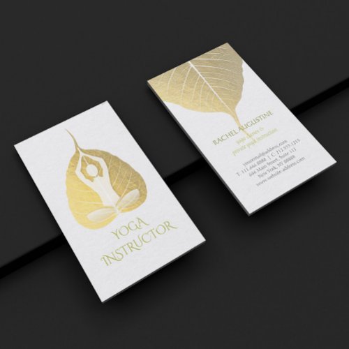 White  Gold Foil Bodhi Leaf Yoga Meditation Pose Business Card