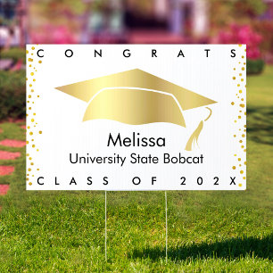 White Gold Foil Cap Congrats Bold Graduation Yard Sign