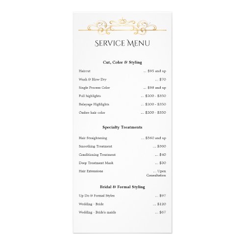 White Gold Foil Classic Swirls Service Price List Rack Card