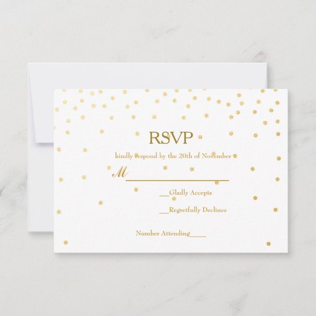 White & Gold Foil Confetti Dots Wedding RSVP Card (Front)
