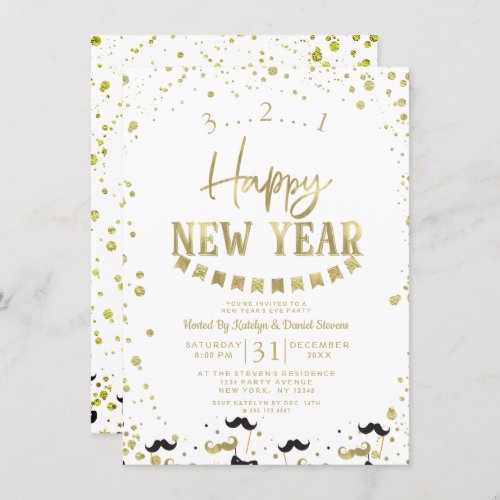 White  Gold Foil Confetti New Years Eve Party Invitation