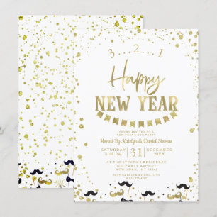 White & Gold Foil Confetti New Year's Eve Party Invitation