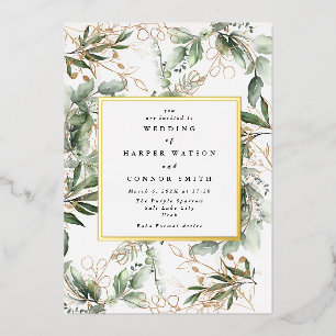 White Gold Foil Frame   Boho Botanical Eucalyptus Foil Invitation