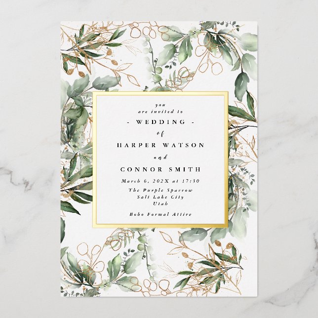 White Gold Foil Frame | Boho Botanical Eucalyptus Foil Invitation (Front)
