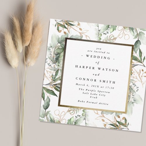 White Gold Foil Frame  Boho Botanical Eucalyptus Invitation
