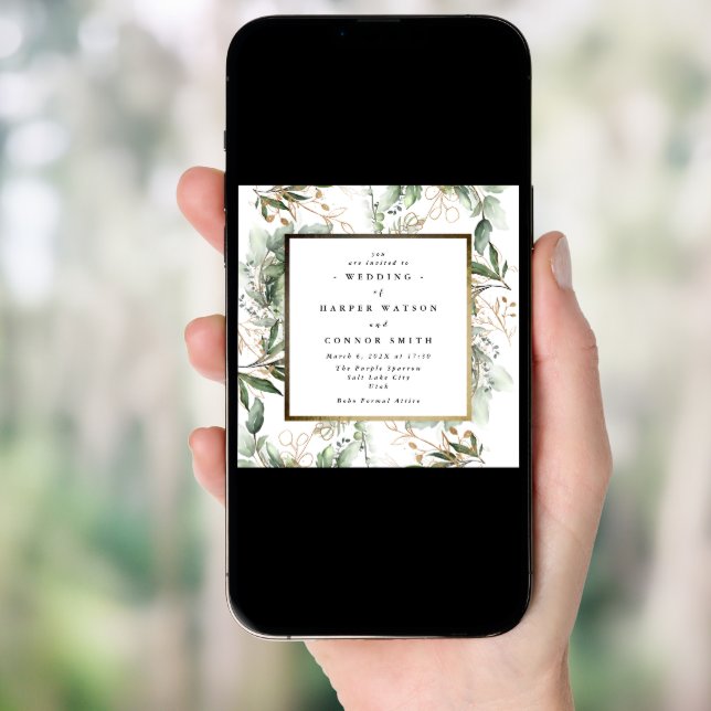 White Gold Foil Frame | Boho Botanical Eucalyptus Invitation (Front Digital)