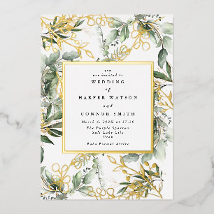 White Gold Foil Frame Botanical   Boho Eucalyptus Invitation