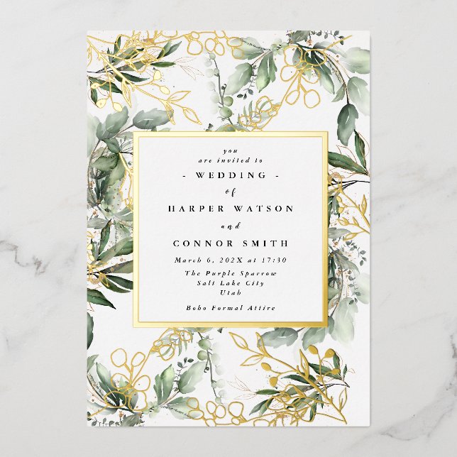 White Gold Foil Frame Botanical | Boho Eucalyptus Invitation (Front)