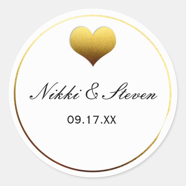 White & Gold Foil Heart Round Sticker Label Favors (Front)