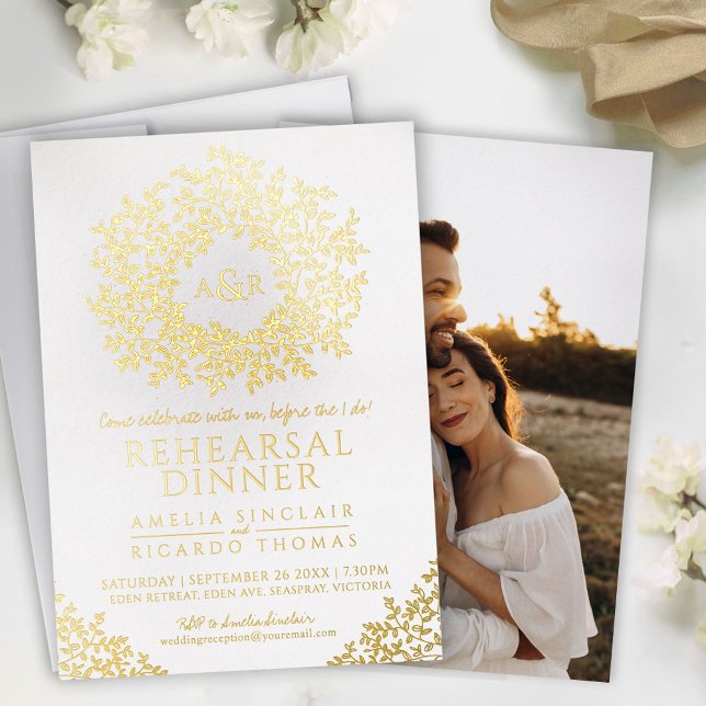 White gold foil monogram rehearsal dinner invitation (Creator Uploaded)