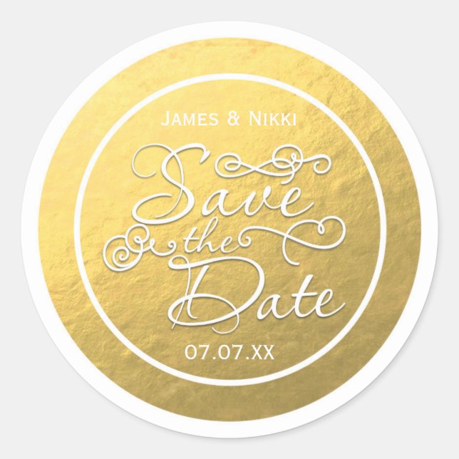 White & Gold Foil SAVE THE DATE Wedding Sticker (Front)