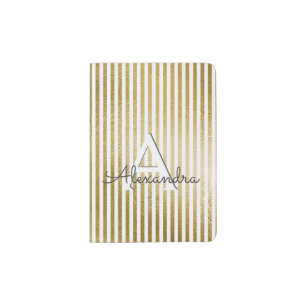 White & Gold Foil Striped Add Your Name Passport Holder