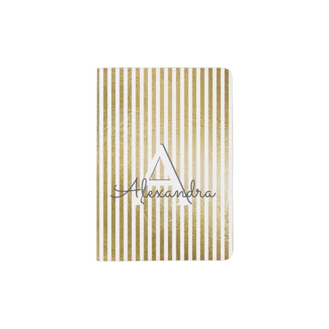White & Gold Foil Striped Add Your Name Passport Holder (Front)