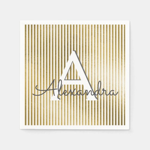 White  Gold Foil Striped Monogram Birthday Paper Napkins