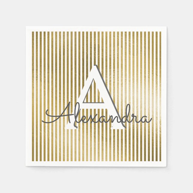 White & Gold Foil Striped Monogram Birthday Paper Napkins (Front)