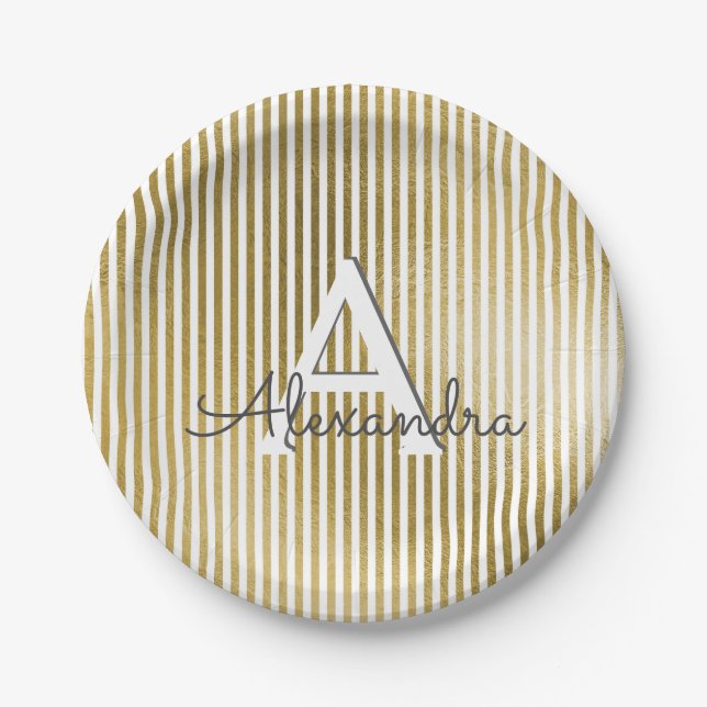 White & Gold Foil Striped Monogram Birthday Paper Plates (Front)