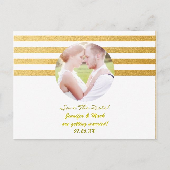 White & Gold Foil Stripes Save Date PHOTO Postcard (Front)