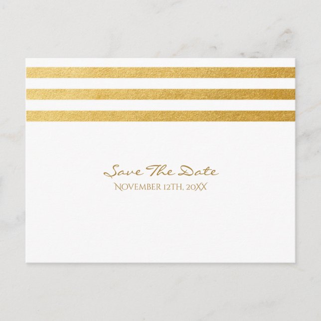 White & Gold Foil Stripes Save The Date Postcard (Front)