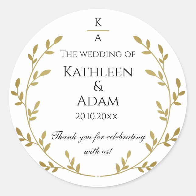White & Gold Foliage Monogram Wedding Engagement Classic Round Sticker (Front)