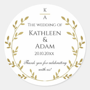 White & Gold Foliage Monogram Wedding Engagement Classic Round Sticker