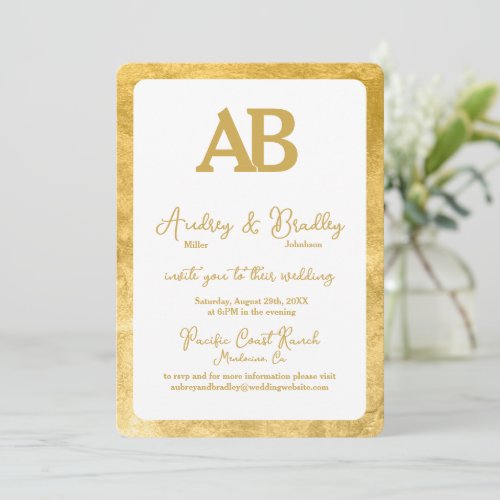 White Gold Frame 2 Letter Monogram Wedding Invitation