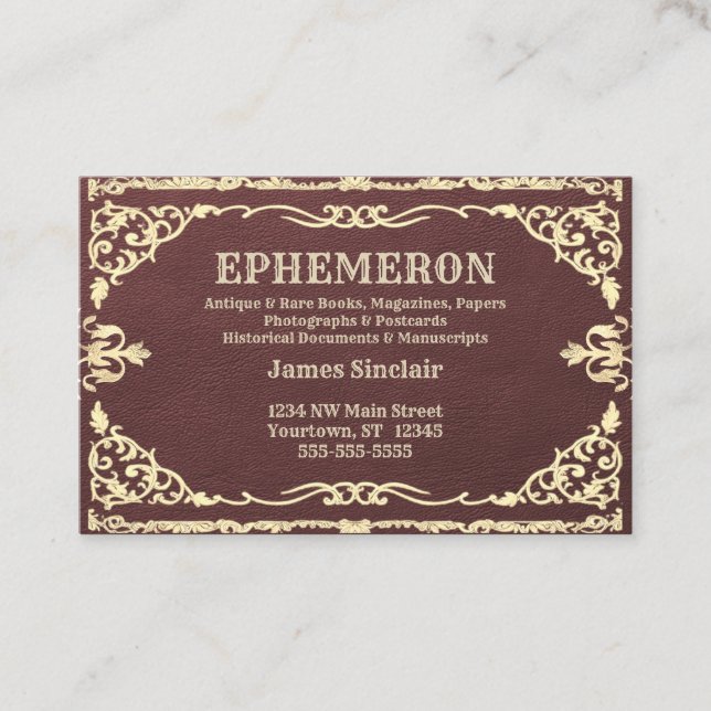 White Gold Frame on Dark Leather Texture Business Card (Front)